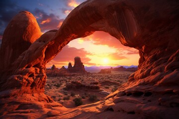Mesmerizing Sunset Glow on Rocky Arch Formations in the Desert.