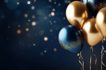 festive blue and gold helium balloons with empty space for text. blurred background with golden hexagons of glitter dust