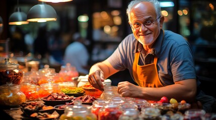 A street vendor, cheerful elderly man, in Eastern market, offering selection of homemade sweets and delicacies. Vibrant and bustling atmosphere. Concept of local market trade, small business ownership