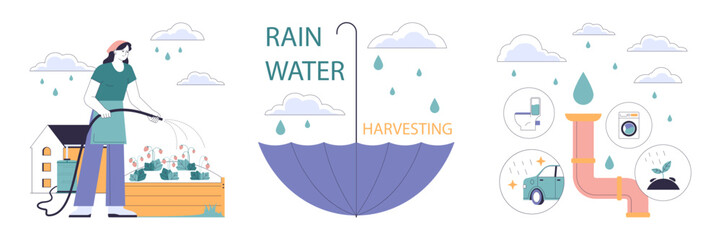 Rainwater harvesting set. Sustainable practice of urban water preservation and its use in gardening and farming. Natural water cycle. Flat vector illustration