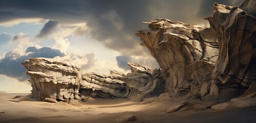 Mesmerizing surreal rock formations sculpted by wind and time beneath a cloud-streaked sky.
