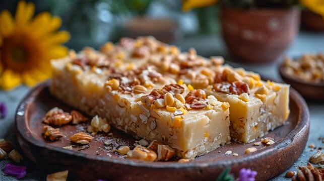 Sunflower halva sprinkled with crushed nuts and seeds. Traditional oriental sweets. Concept of homemade confectionery, nutty fudge treats, artisanal dessert crafting, and sweet indulgence.