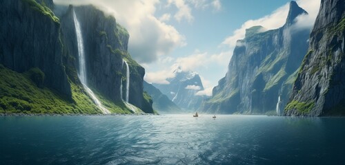 Mesmerizing towering cliffs of a hidden fjord with waterfalls cascading into the sea.