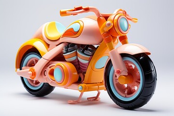 Futuristic toy motorbike isolated on a white background. Concept of kids friendly toys, transport-themed playthings, playful modern designs, and bright colors