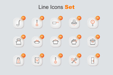 Set line Refrigerator, Spatula, Cookbook, Grater, Slow cooker, Cooking pot and icon. Vector