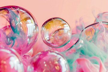 Abstract pink, beige and green background with bubbles. 