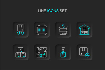 Set line Carton cardboard box, Crane with, Broken, Full warehouse, Container and Cardboard traffic symbol icon. Vector