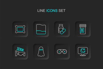 Set line Moon and stars, Contact lens container, Ghost, Time to sleep, Sleeping pill, Pillow and icon. Vector