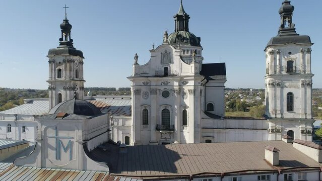 Aerial drone lift footage of Monastery of the Bare Carmelites in Berdychiv, historic city in Zhytomyr Oblast, Ukraine.