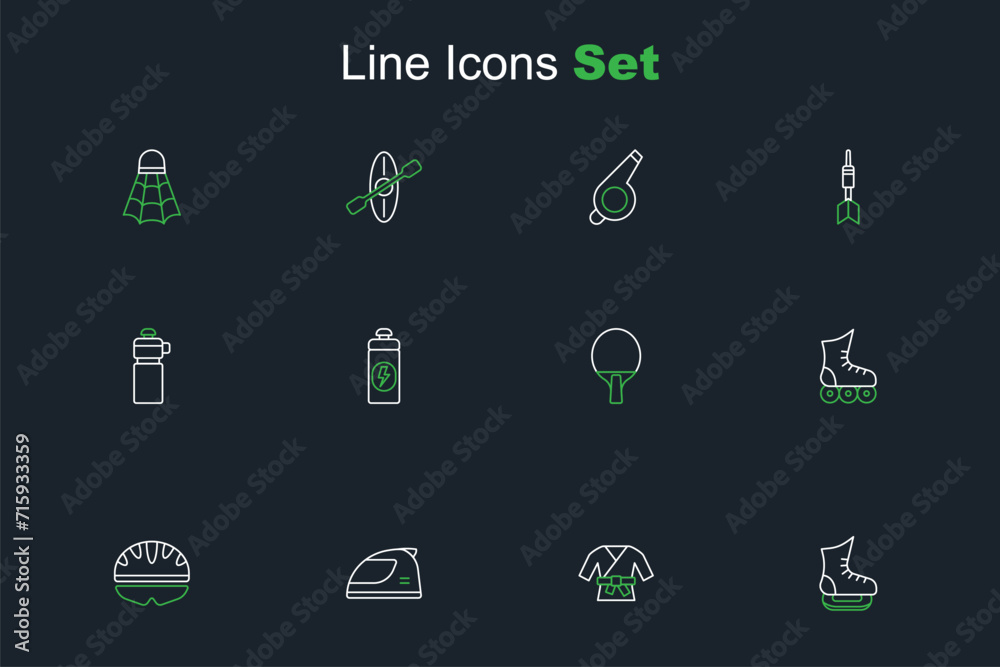 Canvas Prints Set line Skates, Kimono, Racing helmet, Bicycle, Roller skate, Racket, Fitness shaker and icon. Vector