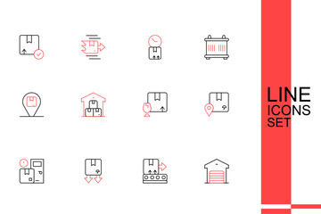 Set line Warehouse, Conveyor belt with box, Cardboard traffic symbol, Home delivery services, Location cardboard, Package fragile content, Full warehouse and icon. Vector