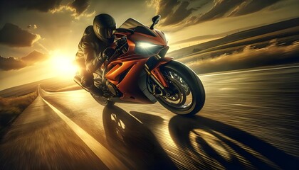 
A motorcyclist in full gear leans into a high-speed turn on a sport motorcycle, racing along a sunlit road stretching into a vast open landscape.