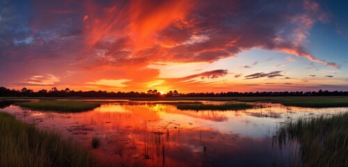 Mesmerizing tranquil marshland reflecting the myriad colors of the setting sun.