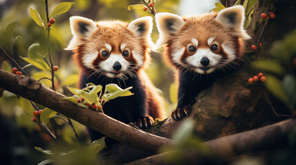 Fototapeta premium Captivating Pair of Red Pandas Frolicking