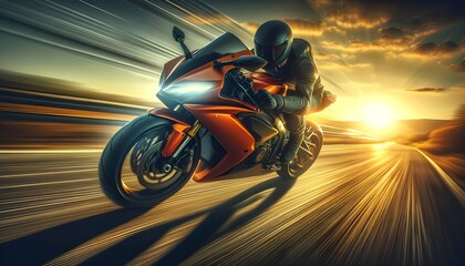 A motorcyclist in full gear aggressively leans into a turn on an orange sports bike, with the sun setting in the background creating a radiant light effect on the road. - obrazy, fototapety, plakaty