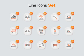 Set line Swings for kids, Education logic game, Playground climbing equipment, bridge, Slide playground, Rocket ship toy and Attraction carousel icon. Vector