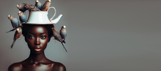 Portrait of an African woman with birds in her hair.
