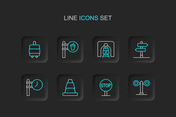 Set line Train traffic light, Stop sign, Traffic cone, station clock, Road, railway tunnel, Cafe and restaurant location and Suitcase icon. Vector