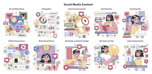 Obraz premium Social Media Content set. Versatile web communication themes. Creativity, analytics, reviews, advice, storytelling, property, innovation. Flat vector illustration
