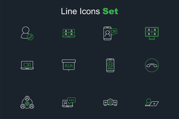 Set line Video chat conference, Movie, film, media projector, Meeting, Telephone handset, and icon. Vector