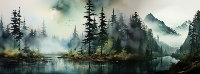 Amazing mystical fog forest landscape