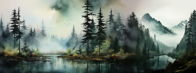 Muurstickers Mistig bos Amazing mystical fog forest landscape