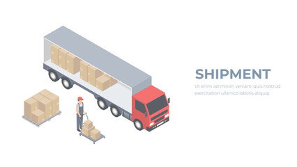 Cargo truck carrying parcels as warehouse logistics isometric vector illustration. Warehouse worker loads packages into a truck.