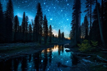 Fototapeta na wymiar Mesmerizing Twilight Over a Shimmering Blue River Winding Through Forest.