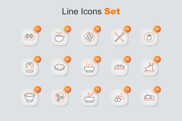 Set line Sushi, Zongzi in bamboo steamer, Asian noodles bowl, Wonton, Soy sauce, Roasted turkey or chicken, Fish with sliced pieces and Ramen soup icon. Vector