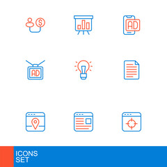 Fototapeta premium Set line Target financial goal, Advertising, Infographic of city map, File document, Light bulb, and Board with chart icon. Vector