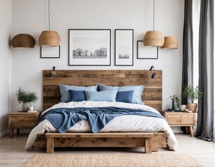 Rustic wooden bed with blue pillows and two bedside cabinets against white wall with three posters frames. Farmhouse interior design of modern bedroom.