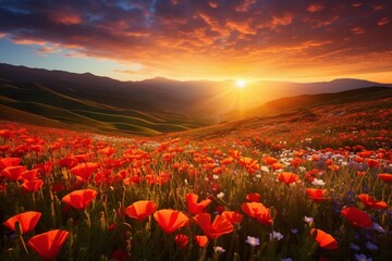 Fototapeta na wymiar Mesmerizing Valley Floor Blanketed in Vibrant Wildflowers during Sunset.