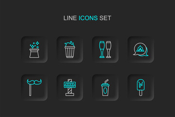 Set line Ice cream, Paper glass with water, Attraction carousel, mustache stick, Circus tent, Bowling pin, Popcorn cardboard box and Magician hat icon. Vector