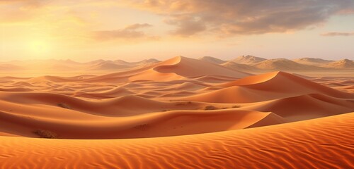 Fototapeta na wymiar Mesmerizing vast and arid desert landscape with undulating sand dunes at sunset.