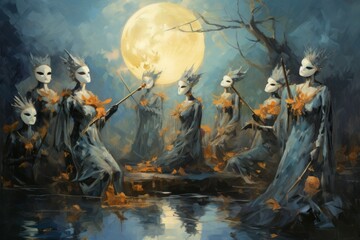 Hauntingly beautiful moonlit masquerades - Generative AI - obrazy, fototapety, plakaty