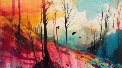 Abstract painting of trees in the forest. Colorful abstract painting