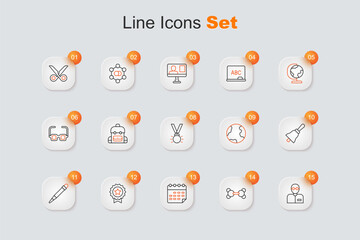 Set line Teacher, Molecule, School timetable, Medal with star, Pencil eraser, Ringing bell, Earth globe and icon. Vector