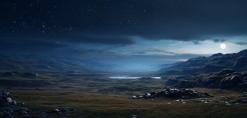 Mesmerizing rugged terrain of a highland moorland beneath a starlit night sky.
