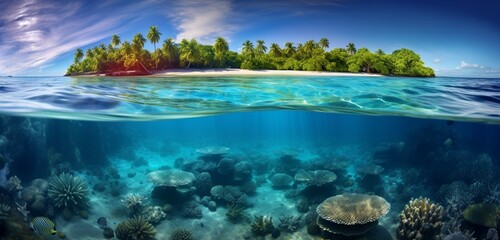 Fototapeta na wymiar Mesmerizing vibrant coral atoll teeming with marine life beneath the clear tropical waters.