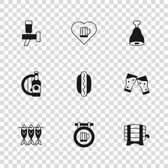 Set Street signboard with beer, Glass of, Wooden barrel on rack, Hotdog sandwich, Chicken leg, Beer tap, Heart glass and bottle wooden icon. Vector