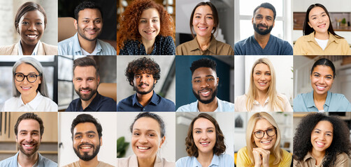 A grid of smiling individuals from various ethnic backgrounds symbolizes a virtual conference or social networking, highlighting the importance of face-to-face interaction in a digitalized world. - obrazy, fototapety, plakaty