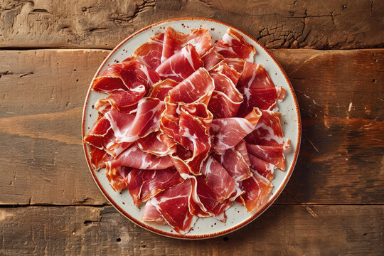 vista desde arriba de un plato con jam&oacute;n serrano iberico t&iacute;pico espa&ntilde;ol, cortado a mano en peque&ntilde;as lonchas, sobre superficie de  mesa de madera rustica envejecidad