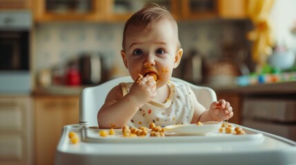 Baby sitting in a high chair and eating baby food