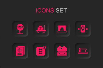 Set Online ticket booking, Trolley suitcase, Stop sign, Oil railway cistern, Route location, Railway barrier, tunnel and Passport icon. Vector