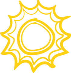 Vector cartoon yellow sun. Shining light rays. Summer Isolated vector illustration.
