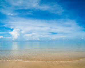 Beautiful horizon Landscape summer panorama front view point tropical sea beach white sand clean blue sky background calm nature ocean andaman wave water travel at Koh Muk Trang Thailand sun day time