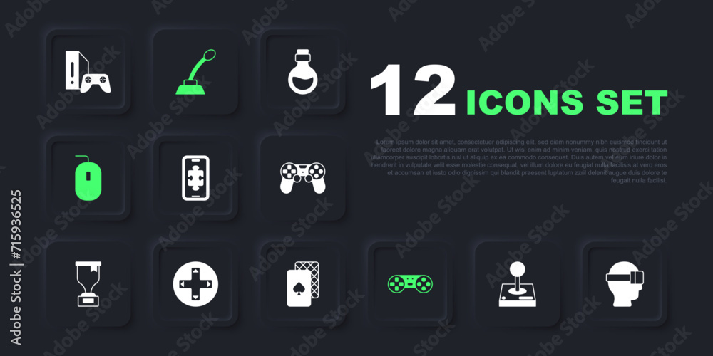 Sticker Set Joystick for arcade machine, Virtual reality glasses, Mobile gaming, Game controller joystick, Computer mouse, Microphone and Playing cards icon. Vector