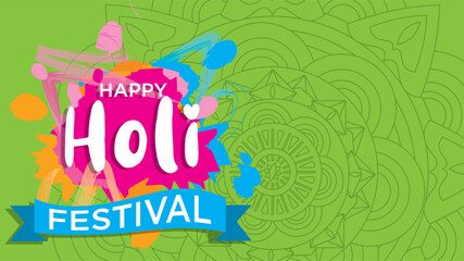 Horizontal invitation on green background with mandala to holi festival. Vector design