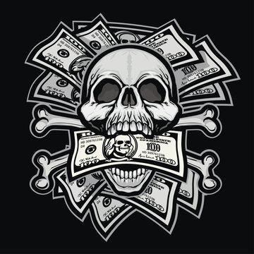 dollar banknote with skull, grunge vintage design t shirts