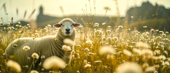 A peaceful sheep basks in the beauty of nature, surrounded by a vibrant field of flowers and lush green grass
